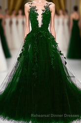 Dark Green Tulle With Lace Deep Neckline Backless Semi Formal Prom Dress, Dark Green Party Dress
